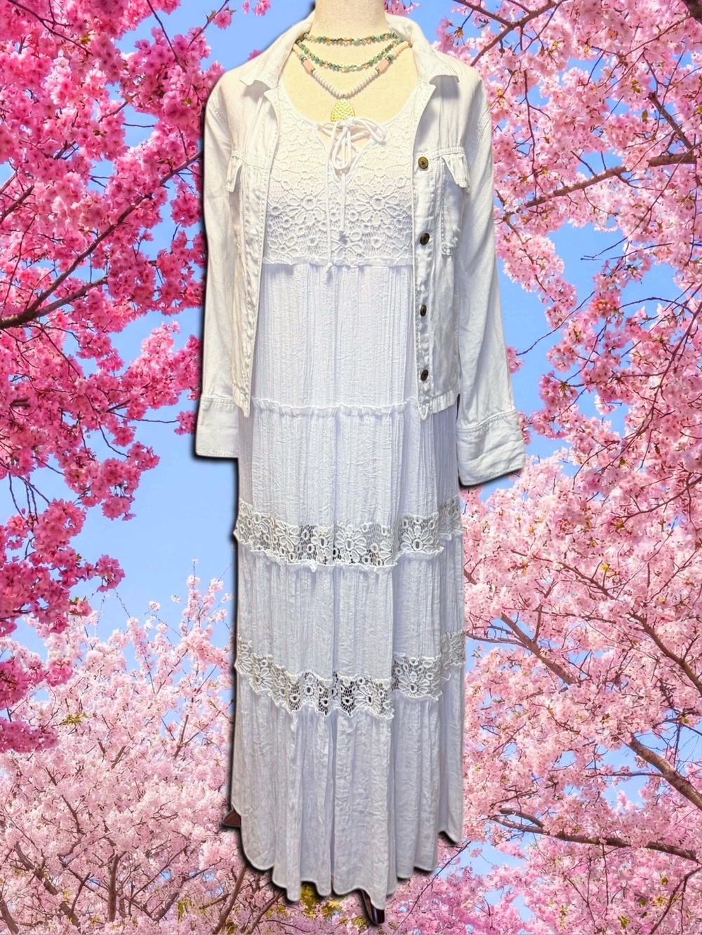 NY Collection White Lace Trim Maxi Dress